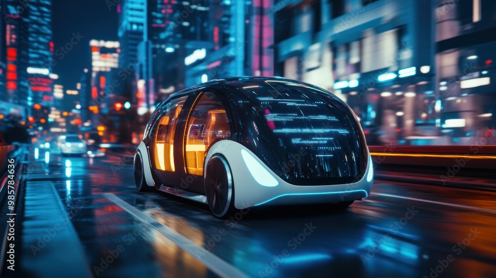 Futuristic Autonomous Vehicle Driving Through a City at Night Futuristic Autonomous Vehicle Driving Through a City at Night