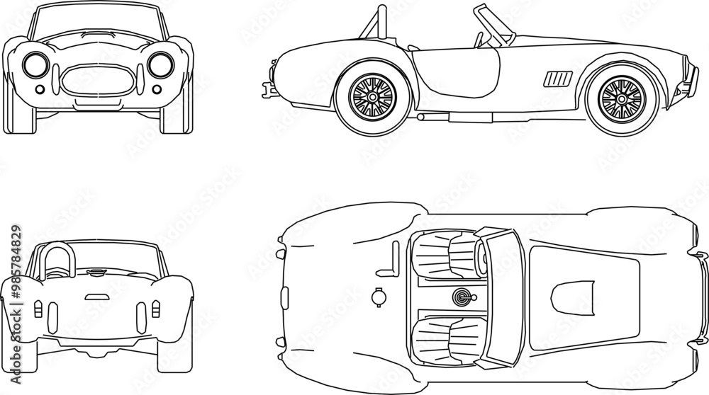Vector sketch illustration of the silhouette of a detailed car transportation design seen from various directions Vector sketch illustration of the silhouette of a detailed car transportation design seen from various directions