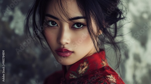 Close-up portrait of a woman with dark hair and red lipstick, wearing a floral patterned red shirt