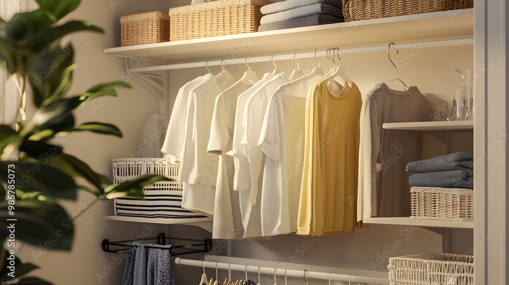Modern walk-in closet with wooden shelves and drawers, hanging clothes
Modern walk-in closet with wooden shelves and drawers, hanging clothes