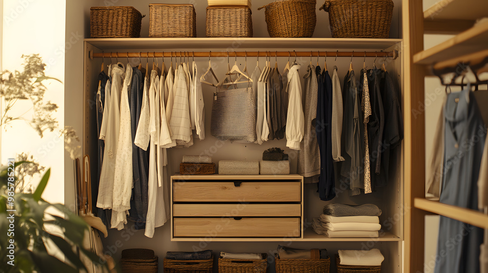 Modern walk-in closet with wooden shelves and drawers, hanging clothes
Modern walk-in closet with wooden shelves and drawers, hanging clothes