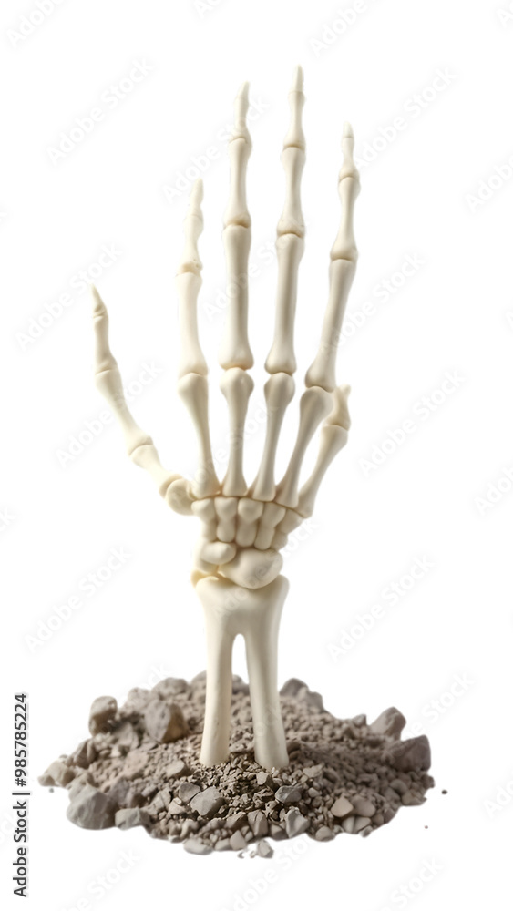 A skeletal hand emerging from the earth in a surreal display of anatomy A skeletal hand emerging from the earth in a surreal display of anatomy