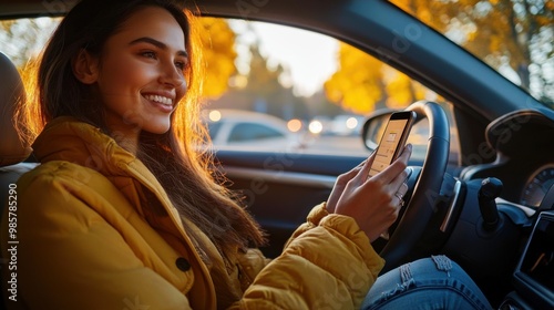 Happy woman in the car in the driver's seat looks at the smartphone. A young woman uses a mobile phone to navigate in the city, pay for parking. Business, technology concept.