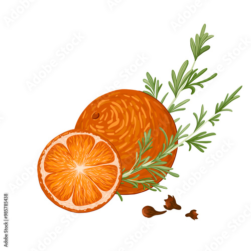 Oranges, cloves, rosemary composition. Christmas illustration hand draw vector. Isolated on white background. Winter spices.