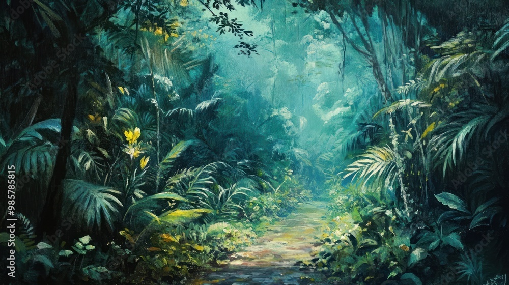 Fototapeta premium Lush Green Jungle Path with Sunlight Filtering Through the Canopy