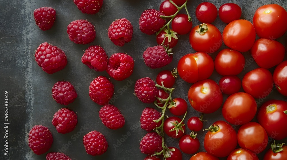 Close-up of Red Raspberries and Tomatoes on a Gray Surface Close-up of Red Raspberries and Tomatoes on a Gray Surface