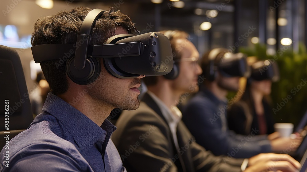 A man wearing a VR headset in a room with other people A man wearing a VR headset in a room with other people