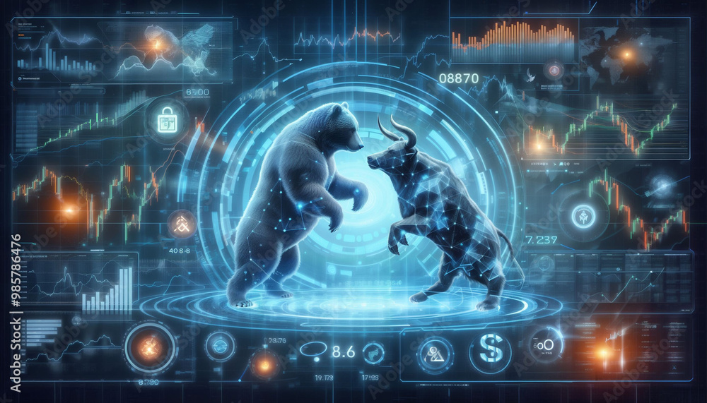 Concept Art of A Bear and A Bull Facing Each Other, Symbolizing The Stock Market's Bear and Bull Trends. Futuristic, Holographic Background with Stock Market Charts and Graphs Concept Art of A Bear and A Bull Facing Each Other, Symbolizing The Stock Market's Bear and Bull Trends. Futuristic, Holographic Background with Stock Market Charts and Graphs