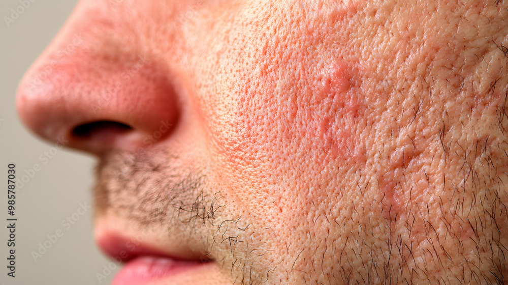 Fototapeta premium Close up face of young man suffering from problem skin. Acne, rosacea, dry skin. Dermatology concept