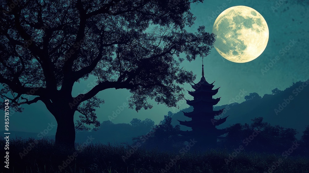 Night scene with full moon and pagoda silhouette against tree silhouette Night scene with full moon and pagoda silhouette against tree silhouette