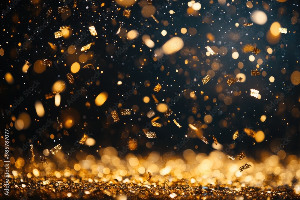 Golden confetti falling on sparkling glitter with blurred bokeh lights background Golden confetti falling on sparkling glitter with blurred bokeh lights background