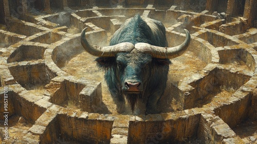Vintage Style Minotaur Pondering in a Labyrinth - Ideal for Mythological Art and Design Projects
