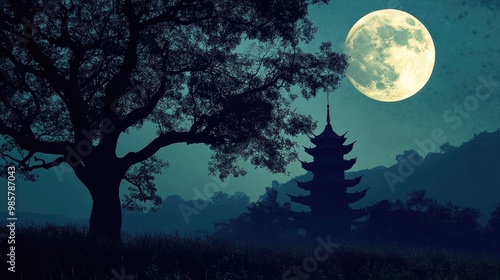 Night scene with full moon and pagoda silhouette against tree silhouette