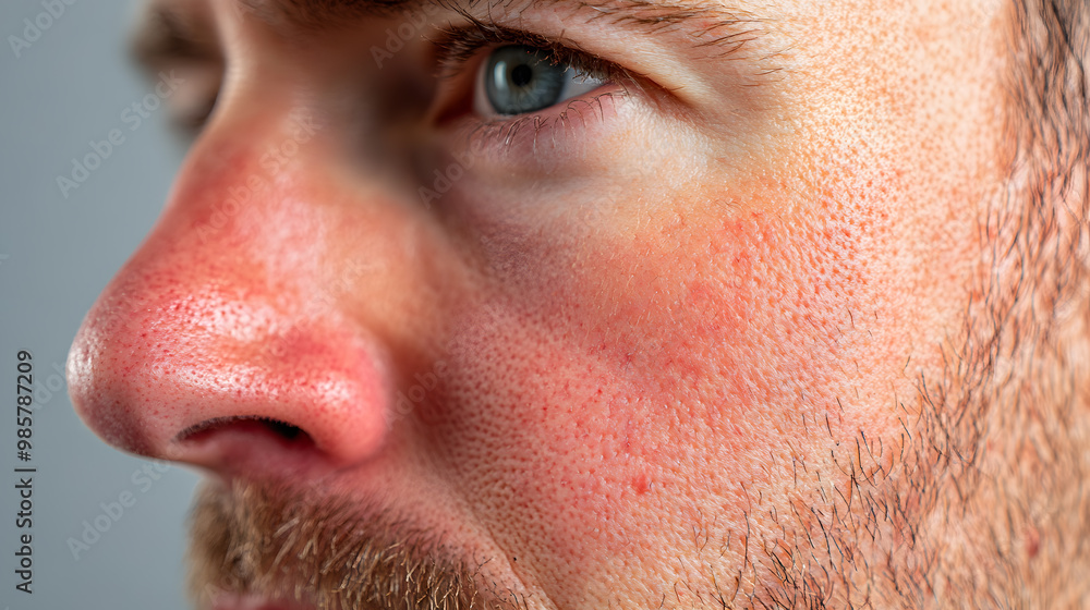 Close up face of young man suffering from problem skin. Acne, rosacea, dry skin. Dermatology concept Close up face of young man suffering from problem skin. Acne, rosacea, dry skin. Dermatology concept