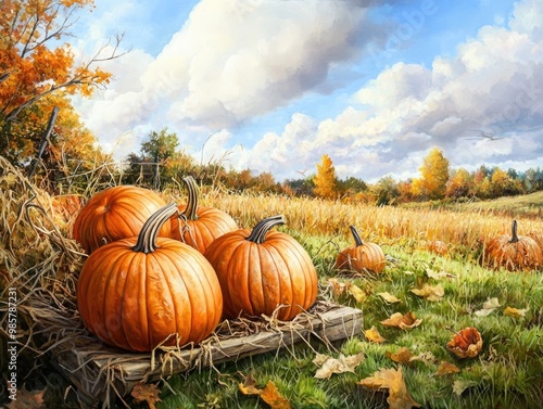 Autumn Harvesting with Pumpkins on Grass
