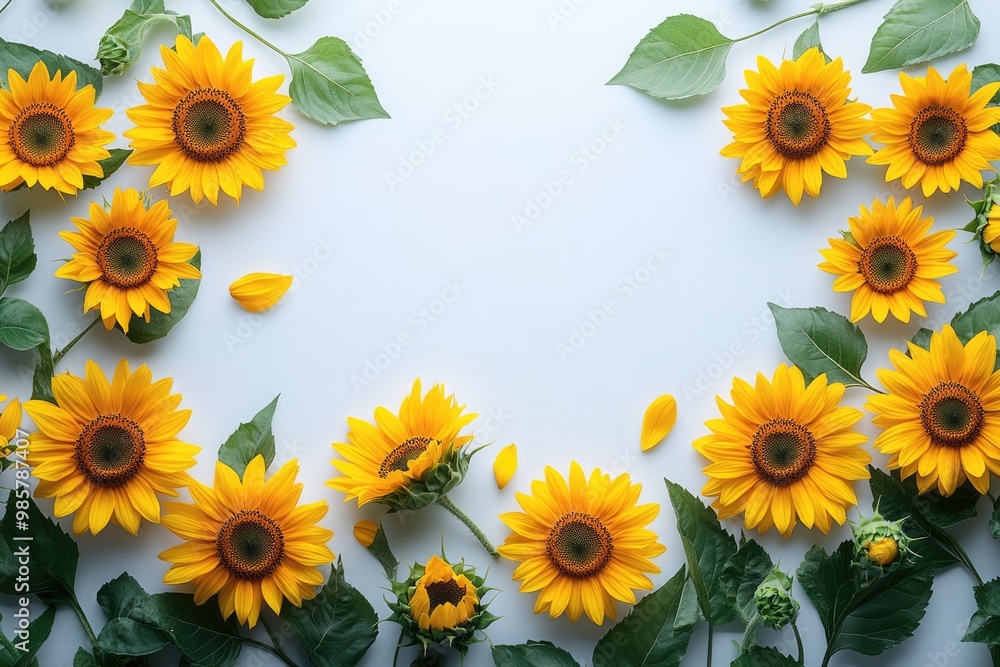 Sunflowers forming a frame with copy space on a light blue background Sunflowers forming a frame with copy space on a light blue background