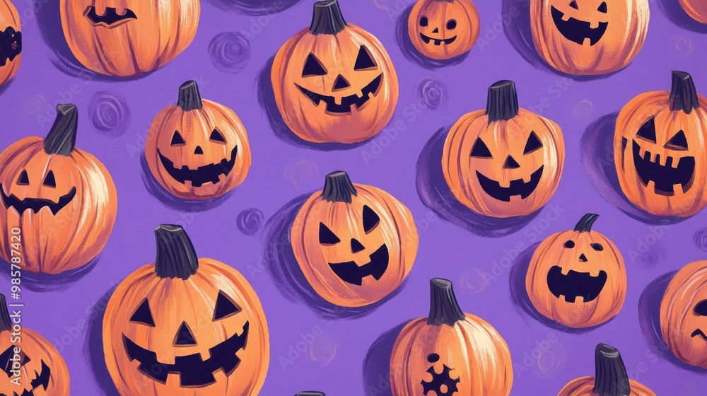 Pumpkins with faces and masks on a lilac background Pumpkins with faces and masks on a lilac background