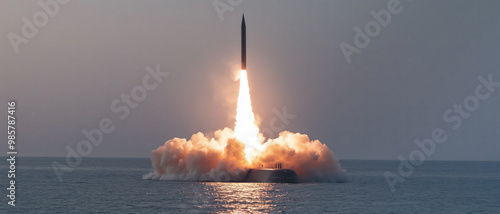 Obraz na płótnie ICBM ballistic missile launched from a submarine at sea. Generative AI w salonie