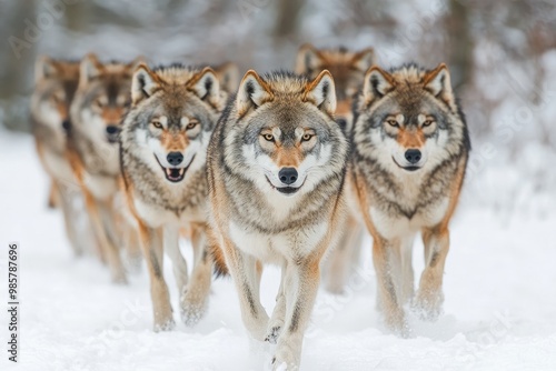 Pack of wolves running through deep snow in forest