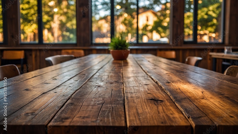 Empty rustic wooden table for mockups. Indoor exposition exhibit platform. Unoccupied wooden table at the restaurant coffeeshop with blurred cozy festive lights, perfect for lifestyle presentations. Empty rustic wooden table for mockups. Indoor exposition exhibit platform. Unoccupied wooden table at the restaurant coffeeshop with blurred cozy festive lights, perfect for lifestyle presentations.