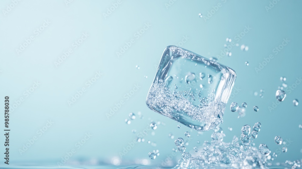 A clear ice cube gently falling through the air on a pastel blue background, frozen bubbles visible inside. A clear ice cube gently falling through the air on a pastel blue background, frozen bubbles visible inside.