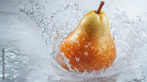 A Ripe Pear Splashing into Clear Water photo