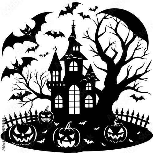 halloween background with pumpkin and bats silhouette vector illustration black 