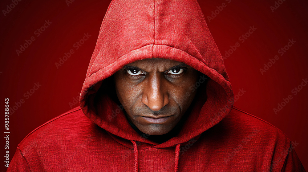 A man wearing a red hoodie is looking directly at the camera with a frown on his face. He is angry or upset about something A man wearing a red hoodie is looking directly at the camera with a frown on his face. He is angry or upset about something