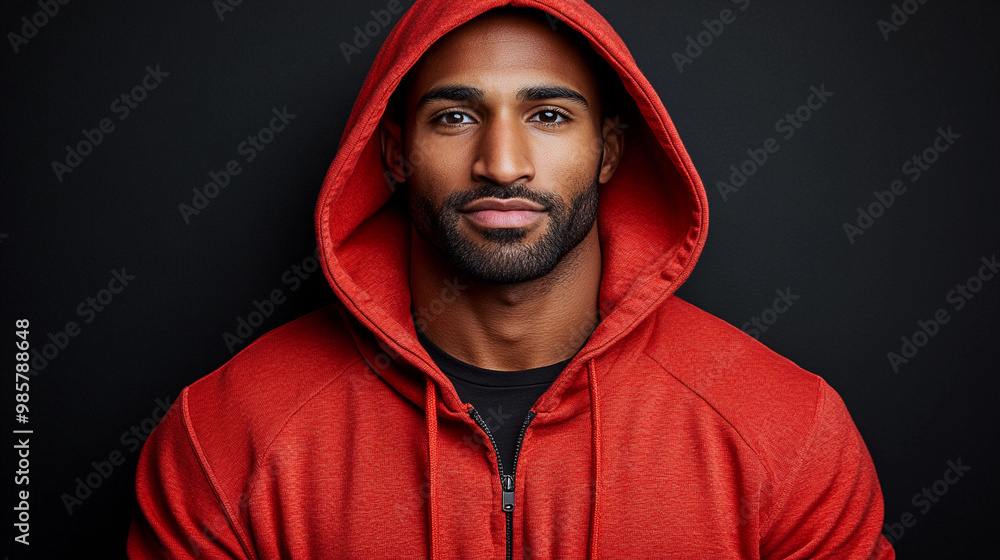A man wearing a red hoodie is standing in front of a black background. He has a serious expression on his face A man wearing a red hoodie is standing in front of a black background. He has a serious expression on his face