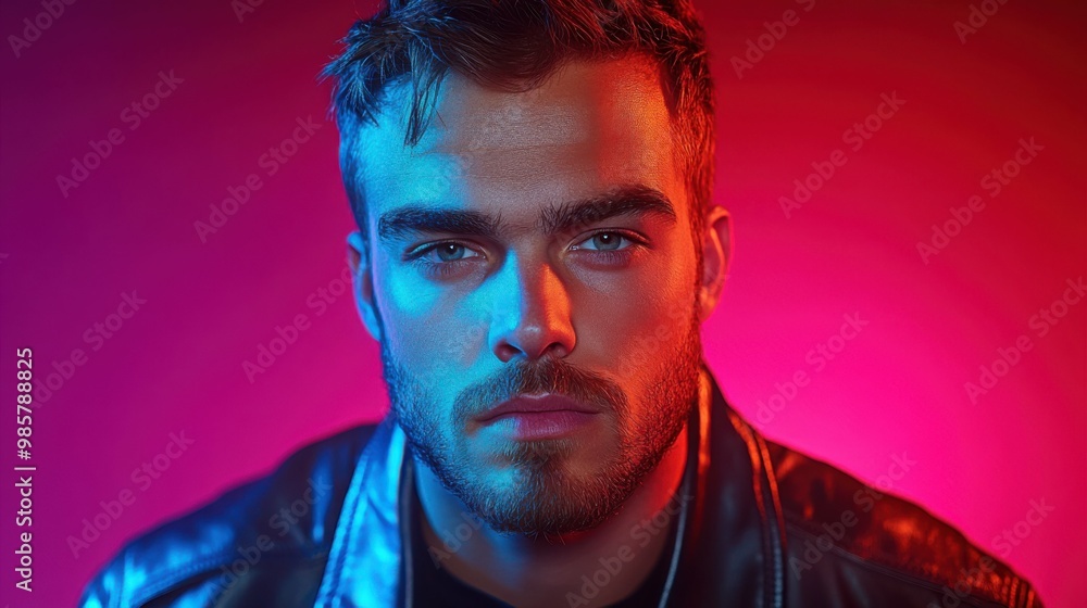 A man with a beard and a black leather jacket is standing in front of a red background. The man's face is illuminated by a blue light, giving him a cool and edgy appearance A man with a beard and a black leather jacket is standing in front of a red background. The man's face is illuminated by a blue light, giving him a cool and edgy appearance