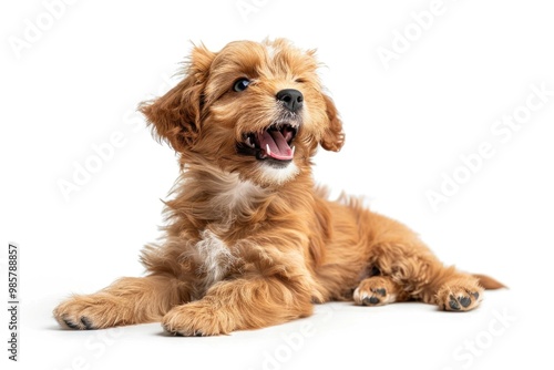 Adorable puppy lying down and panting on white background