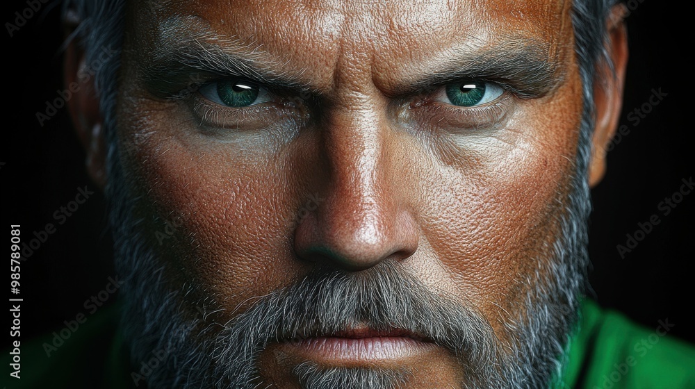 Obraz premium A man with a beard and a green shirt. He has a serious look on his face