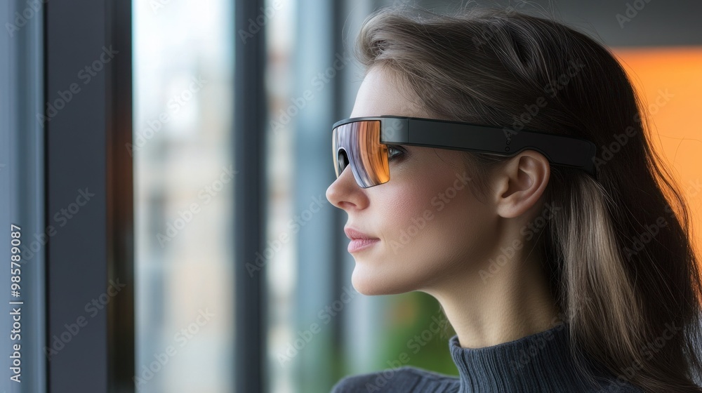 A woman with long brown hair wearing futuristic sunglasses looks out a window. A woman with long brown hair wearing futuristic sunglasses looks out a window.