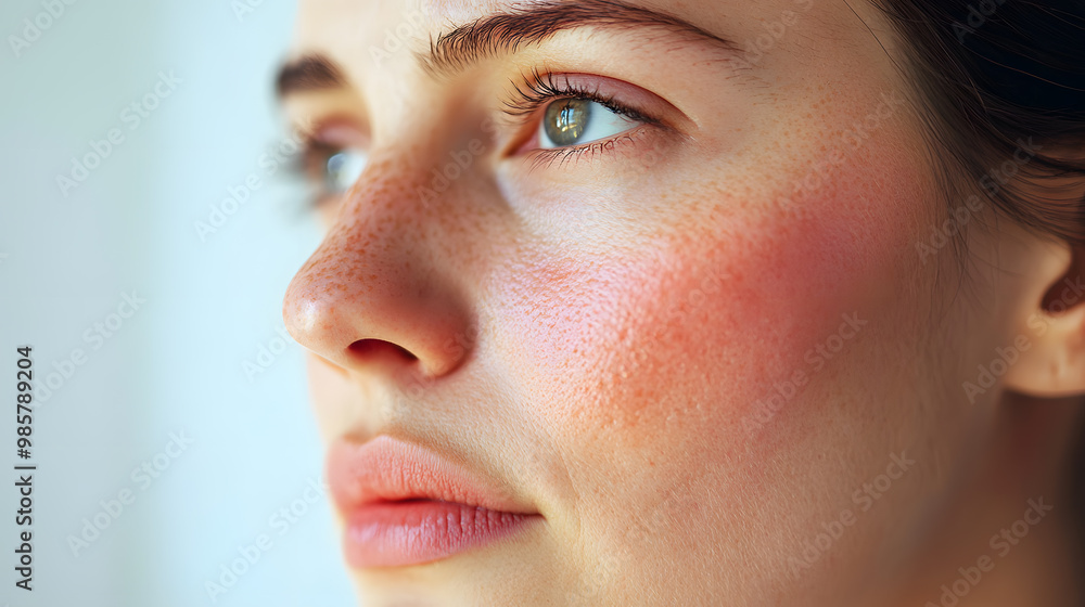 Fototapeta premium Close up face of young woman suffering from problem skin. Acne, rosacea, dry skin. Dermatology concept