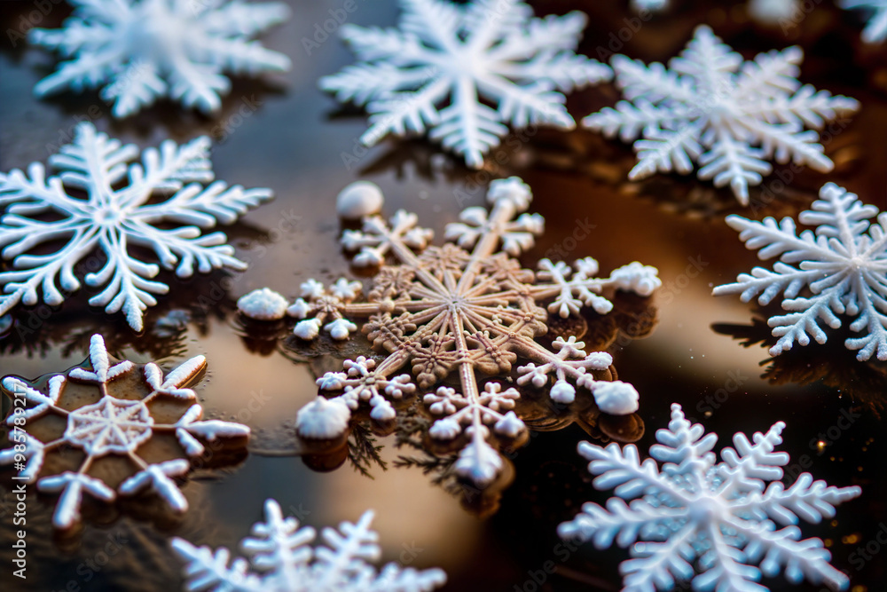 Close-up of intricate white snowflakes on reflective surface, winter decoration Close-up of intricate white snowflakes on reflective surface, winter decoration