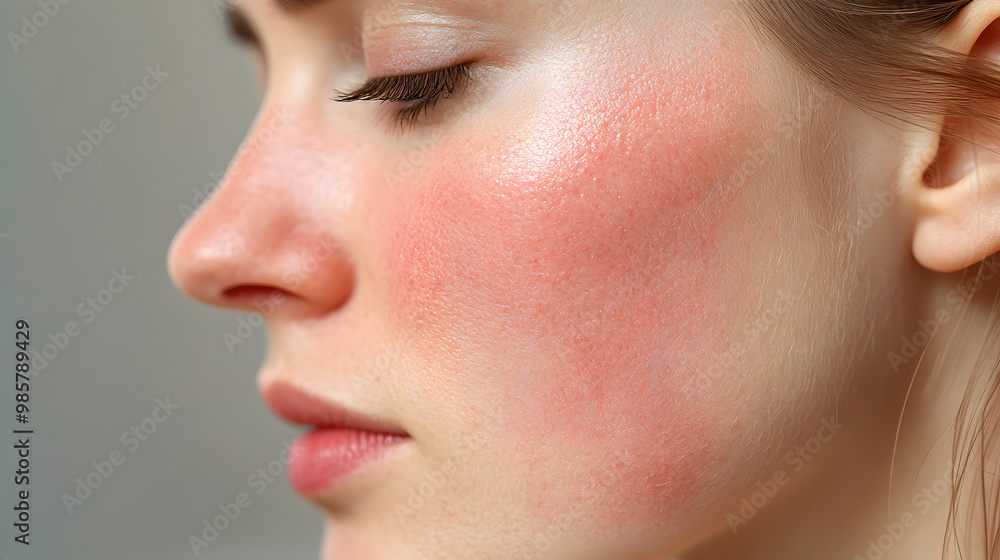 Close up face of young woman suffering from problem skin. Acne, rosacea, dry skin. Dermatology concept Close up face of young woman suffering from problem skin. Acne, rosacea, dry skin. Dermatology concept