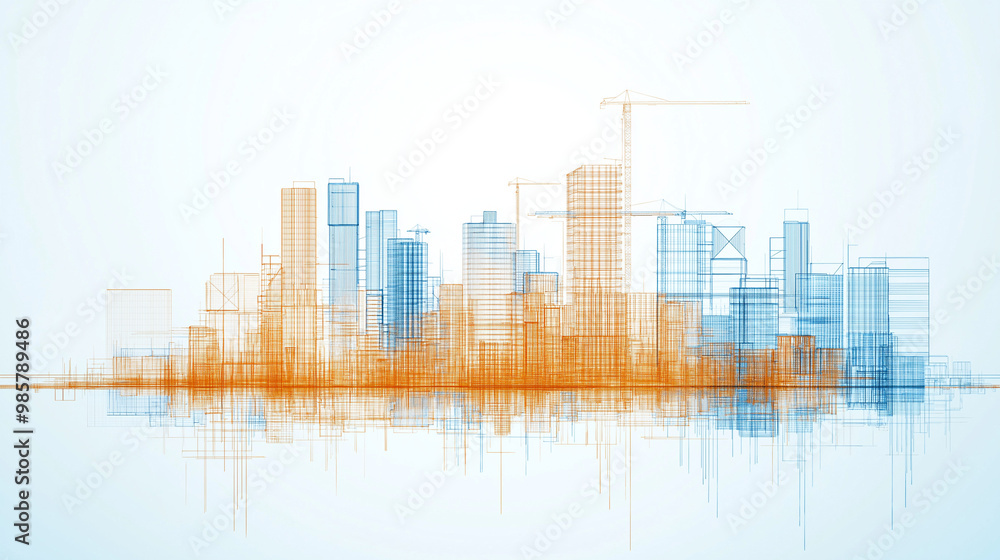 Architectural Blueprint Overlaying a city skyline Architectural Blueprint Overlaying a city skyline