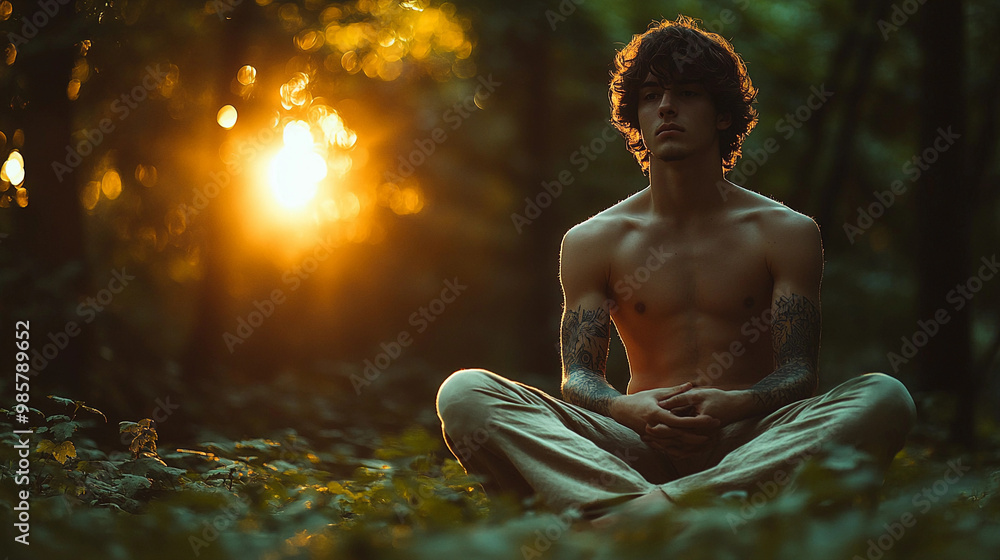 A man is sitting in the woods with his arms crossed and his hands on his knees. The sun is shining through the trees, casting a warm glow on the scene A man is sitting in the woods with his arms crossed and his hands on his knees. The sun is shining through the trees, casting a warm glow on the scene