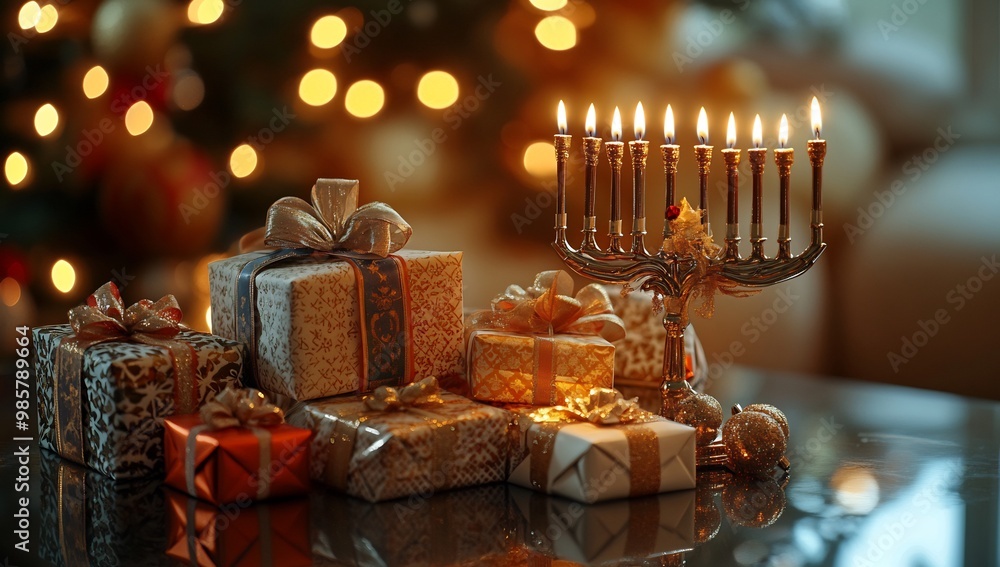 gifts placed beside the menorah, wrapped with elegant ribbons and festive patterns gifts placed beside the menorah, wrapped with elegant ribbons and festive patterns