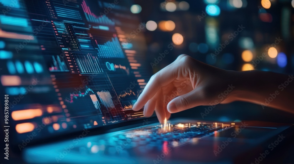 Hand Interacting with Laptop Screen Displaying Data Graphs and Charts Hand Interacting with Laptop Screen Displaying Data Graphs and Charts