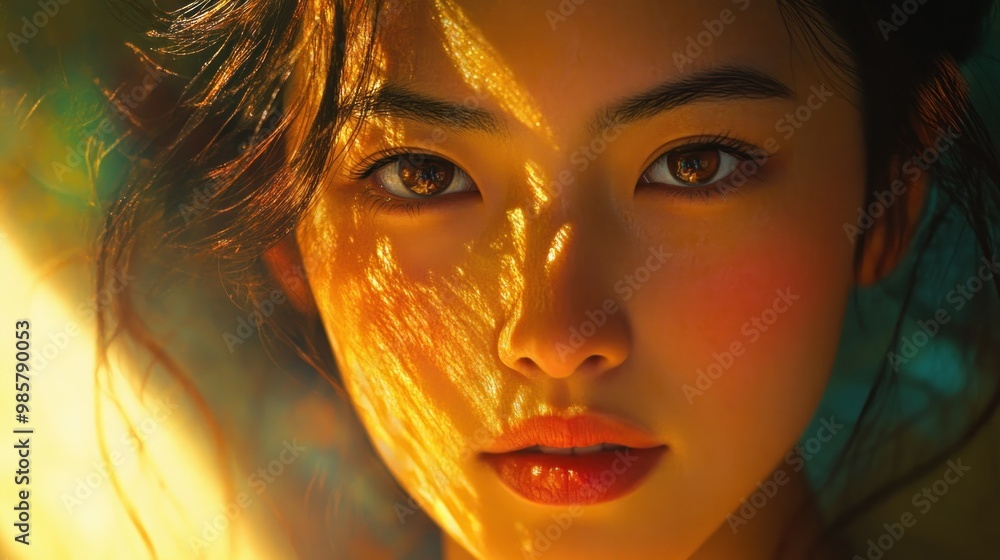 Close-up Portrait of a Woman with Golden Light and Hair Close-up Portrait of a Woman with Golden Light and Hair