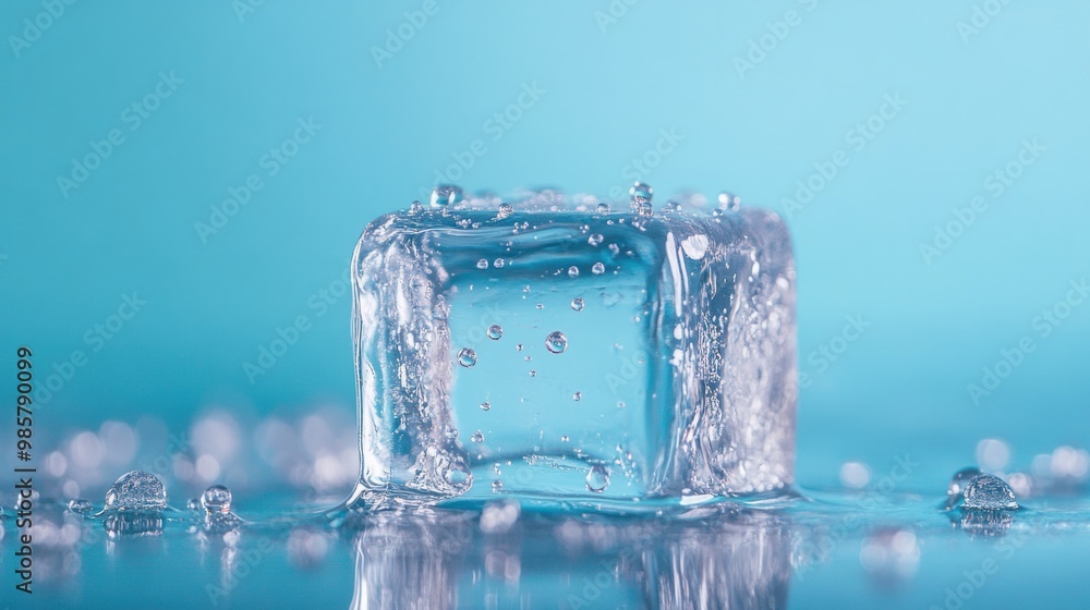 A melting ice cube frozen in mid fall against a pastel blue background, with droplets suspended around it. A melting ice cube frozen in mid fall against a pastel blue background, with droplets suspended around it.
