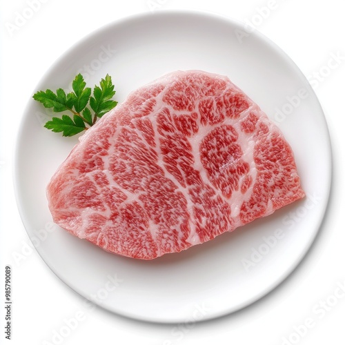 Raw beef steak with fat on white plate photo