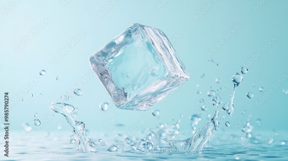 A perfectly shaped ice cube falling mid-air against a pastel blue background, with tiny droplets scattered. A perfectly shaped ice cube falling mid-air against a pastel blue background, with tiny droplets scattered.