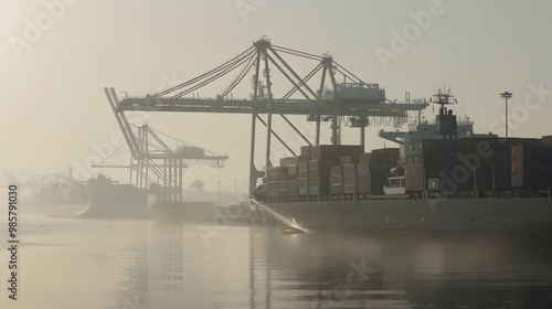 Large cargo ship docked at empty port with stacked containers and idle cranes, symbolizing port strike and industrial tension.