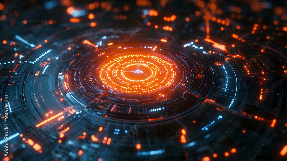 A futuristic digital vortex with glowing circular patterns radiating vibrant orange and blue lights. A futuristic digital vortex with glowing circular patterns radiating vibrant orange and blue lights.