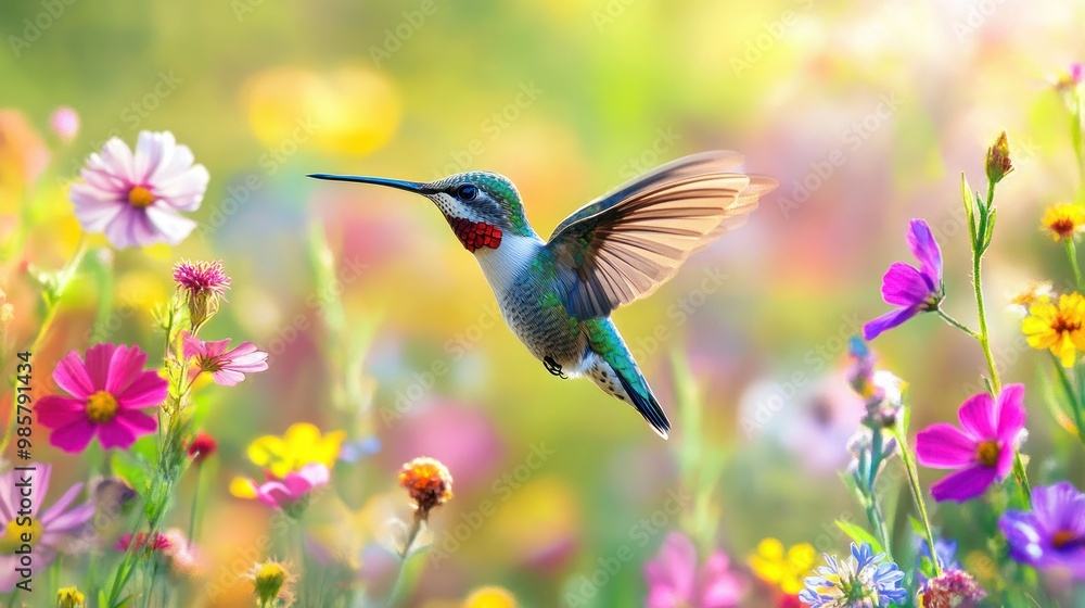 Fototapeta premium Hummingbird in Flight Over a Colorful Wildflower Meadow