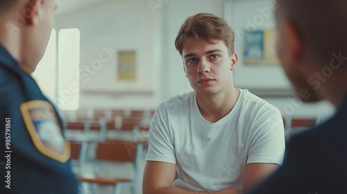 young man dressed with white t-shirt and jeans talks to police officer in a waiting room of the hospital