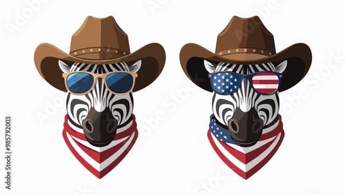 Two stylish zebras in cowboy hats with sunglasses, showcasing American-themed accessories and a fun western vibe.