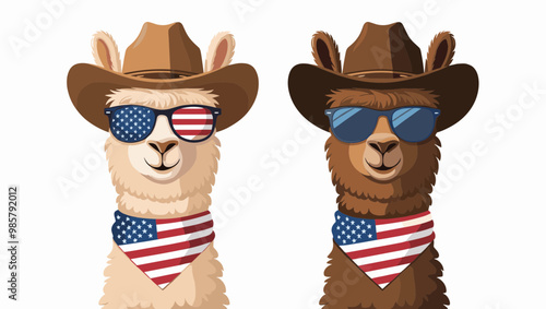 Two stylish llamas wearing cowboy hats and sunglasses with American patriotic themes for a fun and festive vibe.